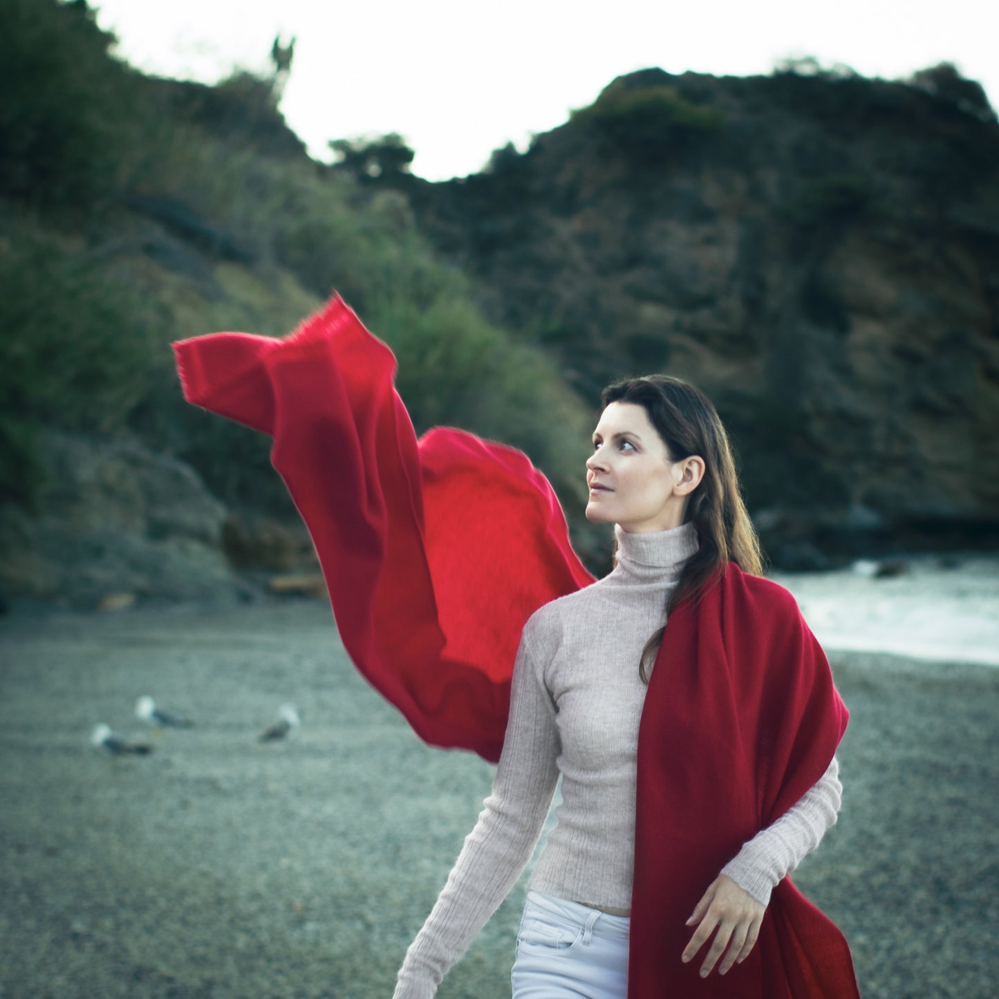 Cashmere woven shawl Vermilion red