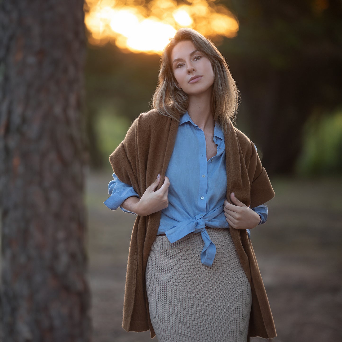 Cashmere knitted shawl Camel Brown